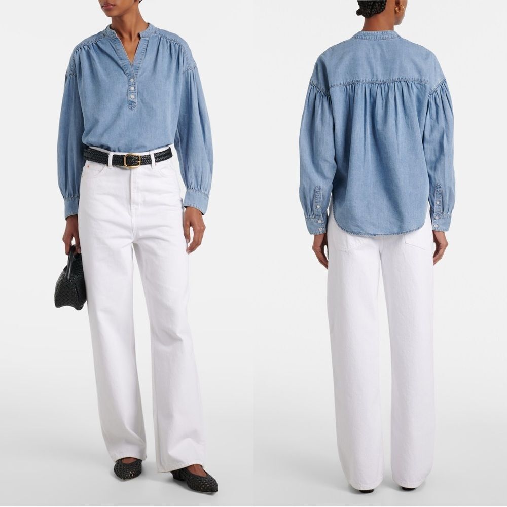 Veronica Beard Kylie cotton-blend chambray shirt in “Pebble Stone”